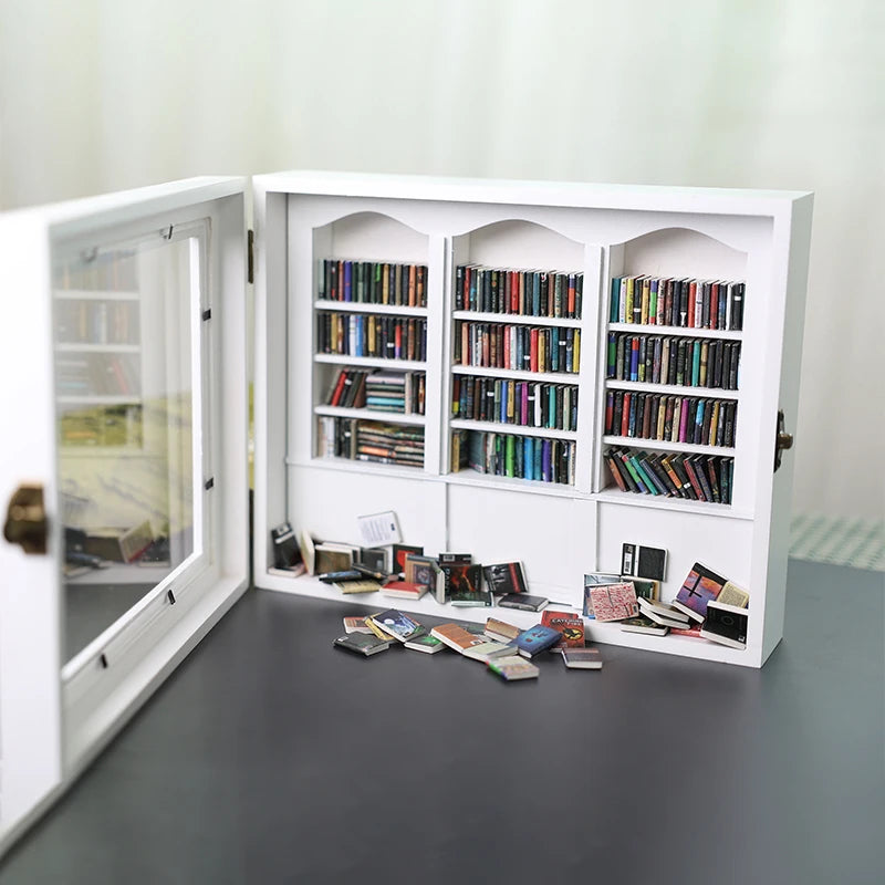 Mini Library Anti-Anxiety Bookshelf Wooden Miniature Ornament Stress Relief Shake Away Your Anxiety Gifts for Friends Dollhouse