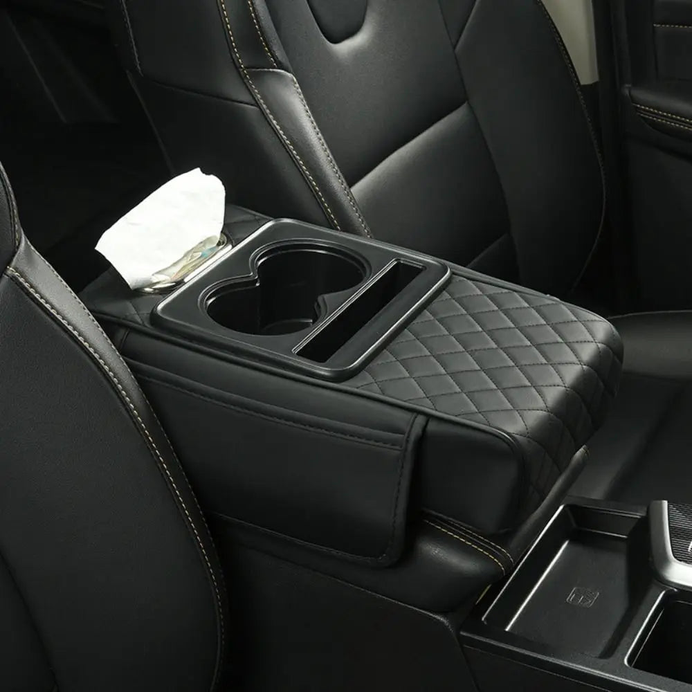 Auto Center Console Armrest Cushion with 2 Cup Holder PU Leather Armrest Pad Portable Car Amrest Pillow Cover Height Pad
