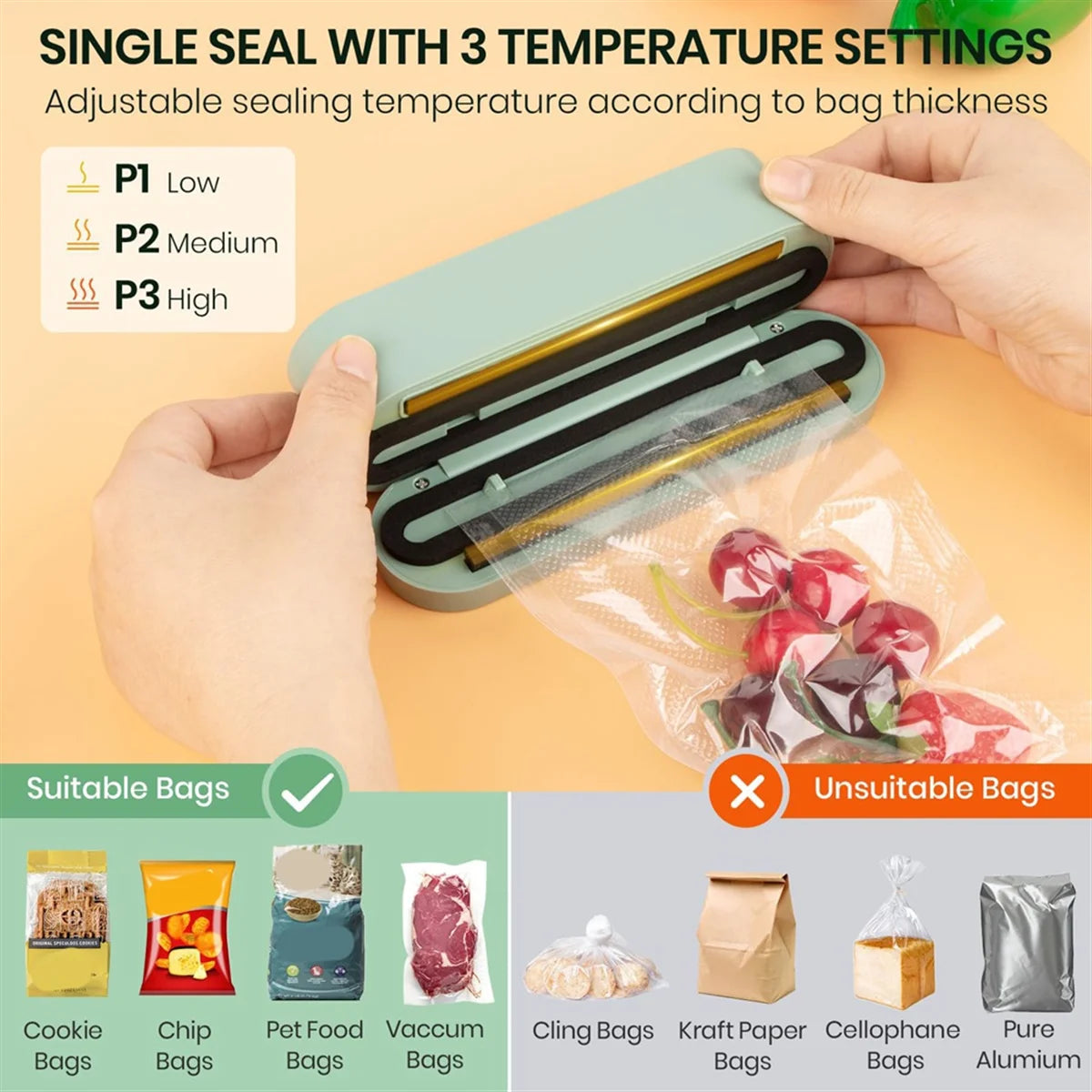 CHFL Mini Vacuum Sealer for Food,3In1 Cordless Rechargeable Food Sealer for Dry/Moist Food Storage,Heat Sealer for Bags Green