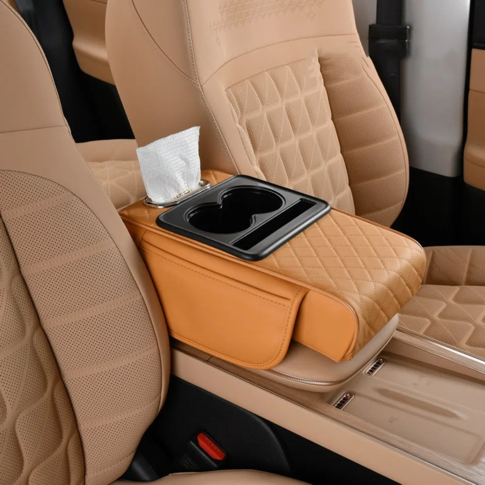 Auto Center Console Armrest Cushion with 2 Cup Holder PU Leather Armrest Pad Portable Car Amrest Pillow Cover Height Pad
