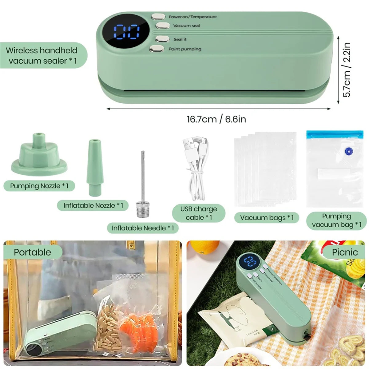 CHFL Mini Vacuum Sealer for Food,3In1 Cordless Rechargeable Food Sealer for Dry/Moist Food Storage,Heat Sealer for Bags Green