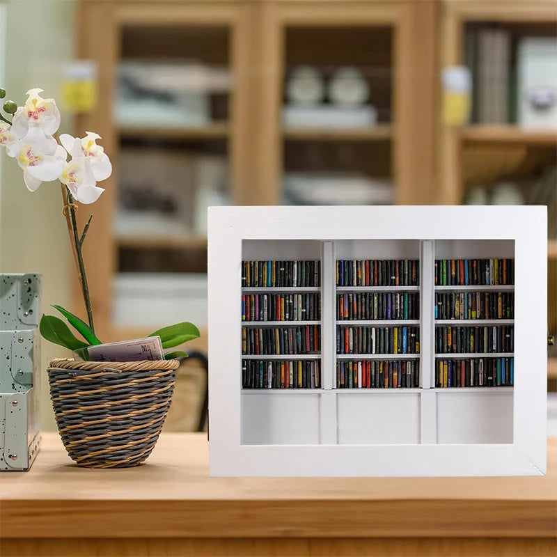 Mini Library Anti-Anxiety Bookshelf Wooden Miniature Ornament Stress Relief Shake Away Your Anxiety Gifts for Friends Dollhouse