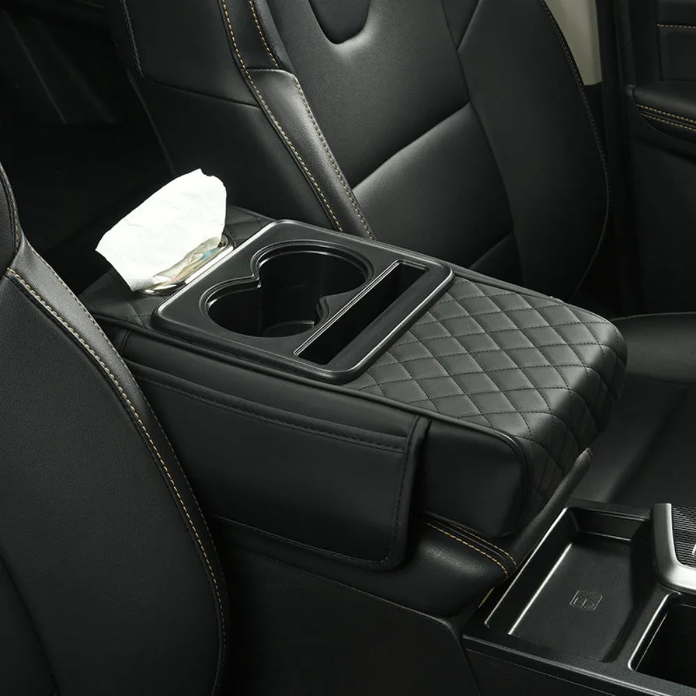 Auto Center Console Armrest Cushion with 2 Cup Holder PU Leather Armrest Pad Portable Car Amrest Pillow Cover Height Pad
