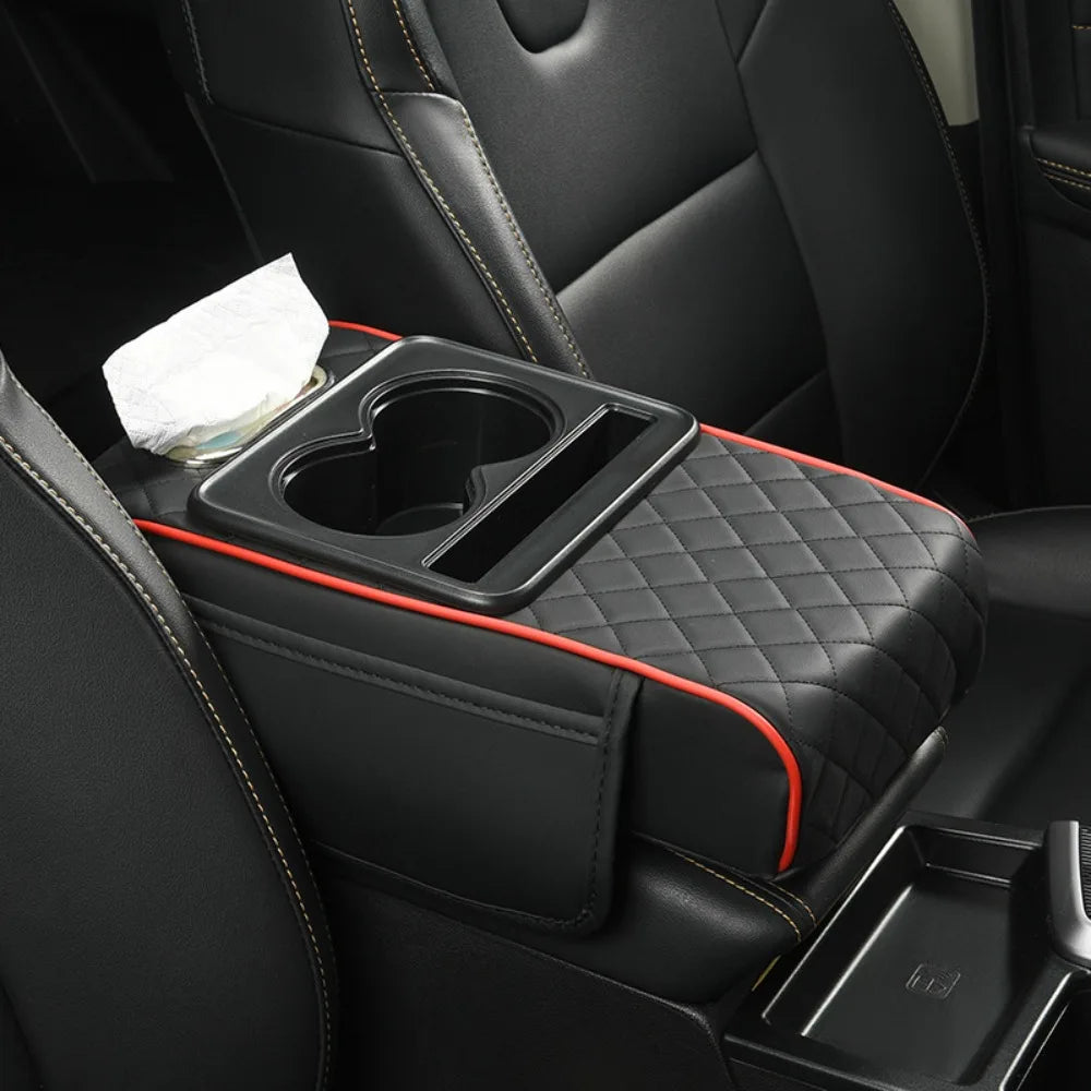 Auto Center Console Armrest Cushion with 2 Cup Holder PU Leather Armrest Pad Portable Car Amrest Pillow Cover Height Pad
