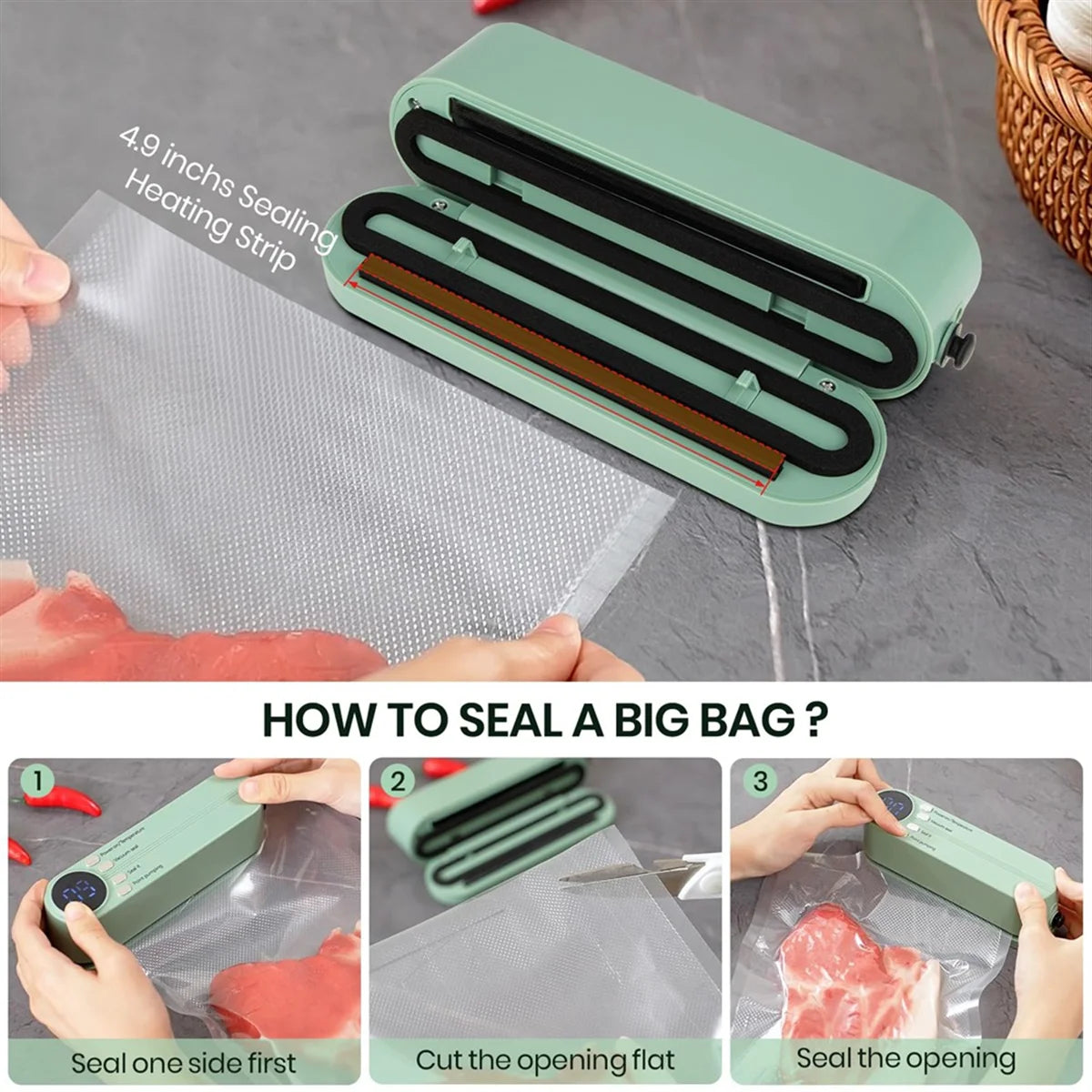 CHFL Mini Vacuum Sealer for Food,3In1 Cordless Rechargeable Food Sealer for Dry/Moist Food Storage,Heat Sealer for Bags Green