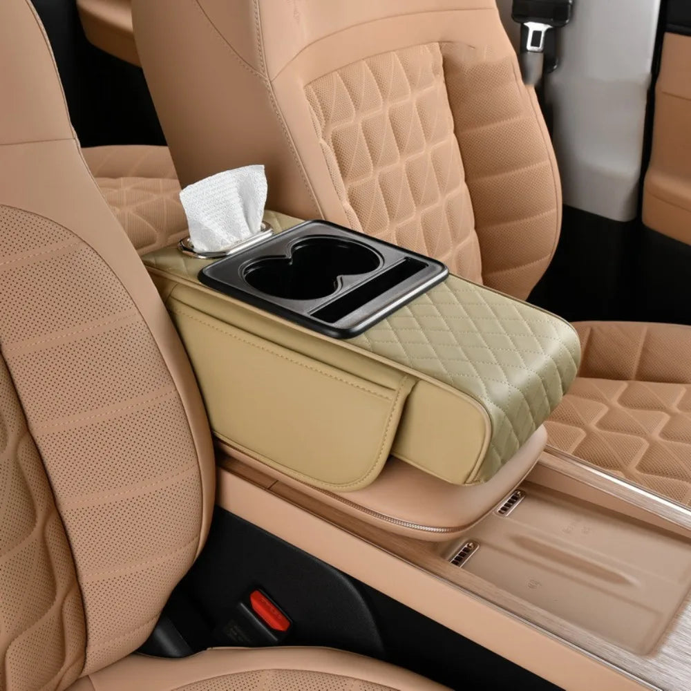 Auto Center Console Armrest Cushion with 2 Cup Holder PU Leather Armrest Pad Portable Car Amrest Pillow Cover Height Pad