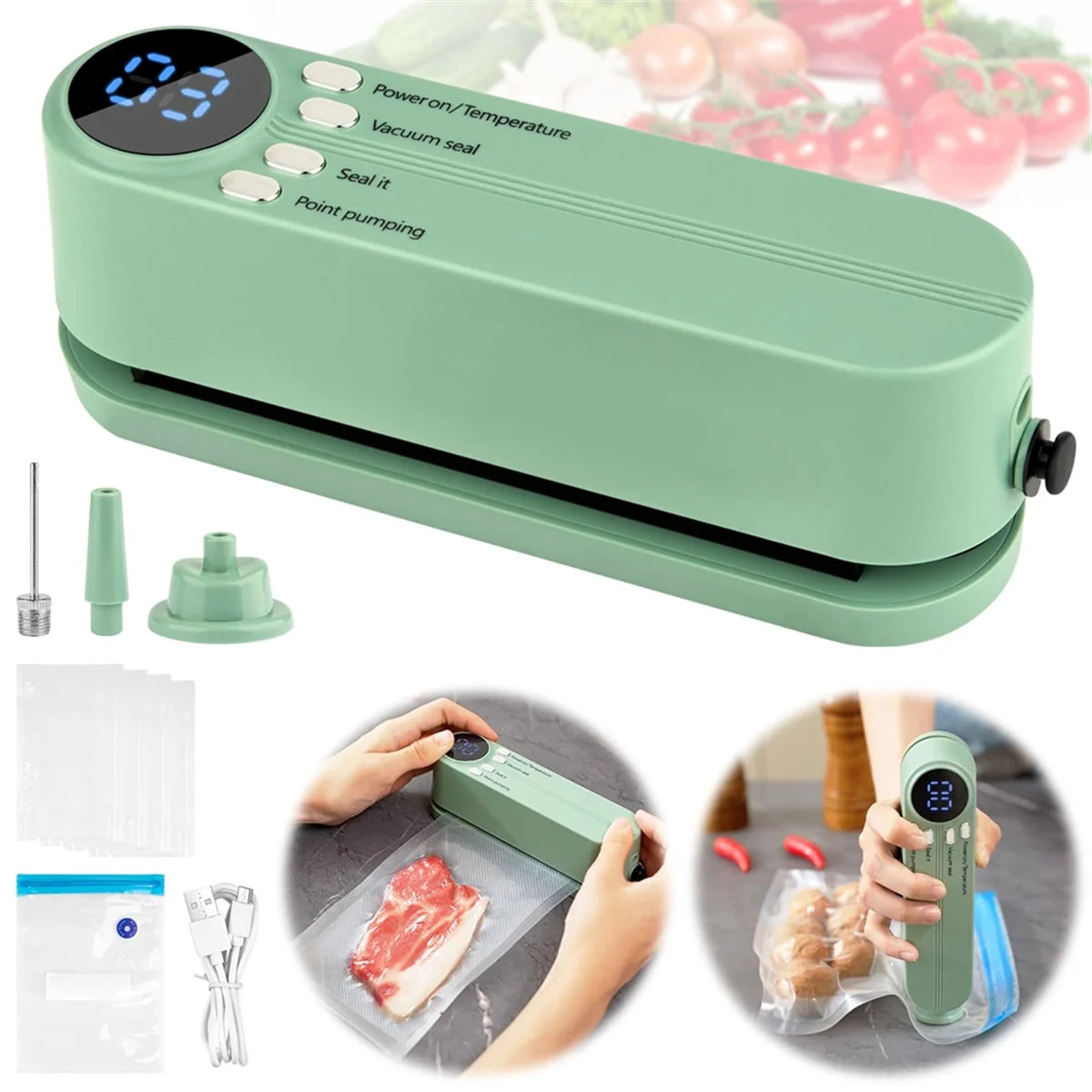 CHFL Mini Vacuum Sealer for Food,3In1 Cordless Rechargeable Food Sealer for Dry/Moist Food Storage,Heat Sealer for Bags Green
